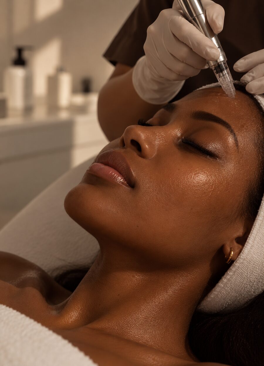 A client relaxing during a microneedling skin treatment at the Refine London clinic